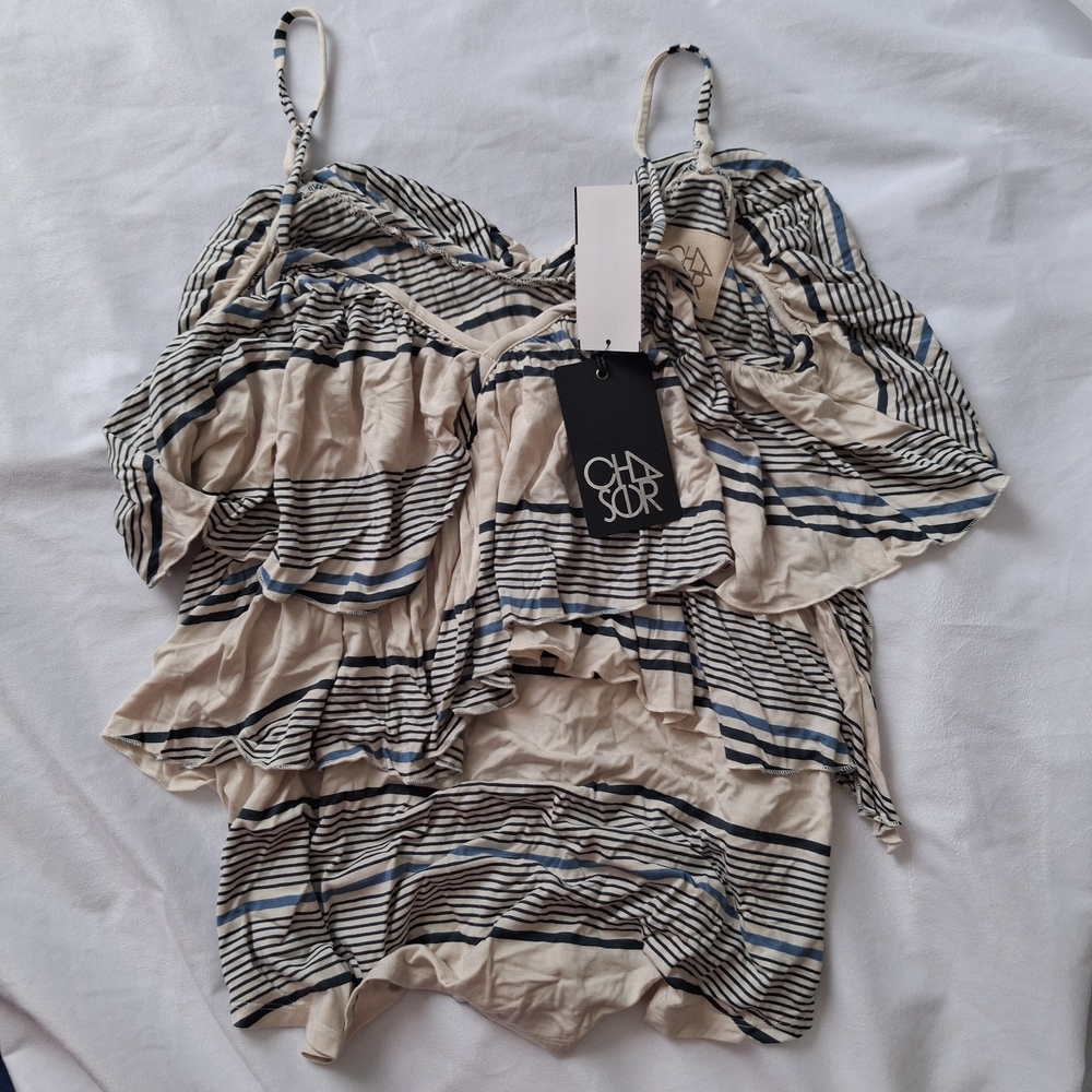 Chaser Blue and Cream Striped tank top NWT super cute ruffles